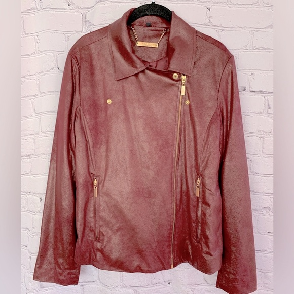 Iman Burgundy Cropped Metallic Sheen Faux Suede Moto Jacket Size Large - Picture 7 of 8